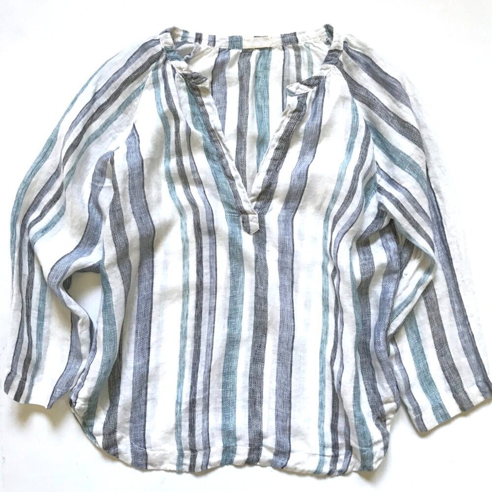 CP Shades Stripe Top Shirt Womens XS White Blue Green Linen V-Neck Long Sleeve